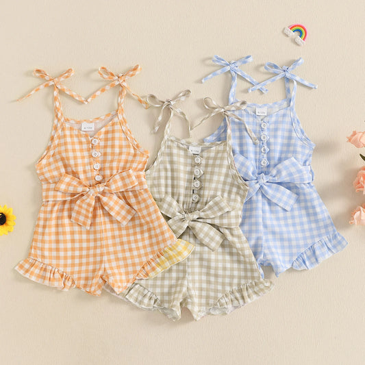 1-5Y Kids Girls Summer Jumpsuit Plaid Print Sleeveless Button Up Ruffle Trim Overalls with Belt