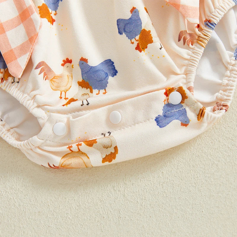 Baby Girls Summer Romper - Plaid Chick Print Ruffled Bodysuit with Bow