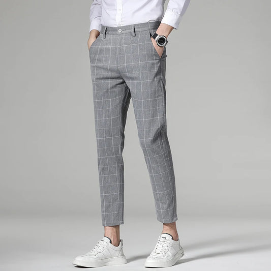 Men's Stripe Plaid Ankle Length Trousers