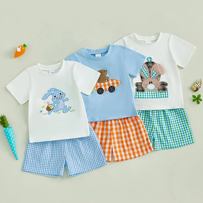 0-4Y Toddler Kids Boys Easter Clothes Set 2pcs Rabbit Embroidery Short Sleeve  Plaid T-Shirt with Elastic Waist Shorts