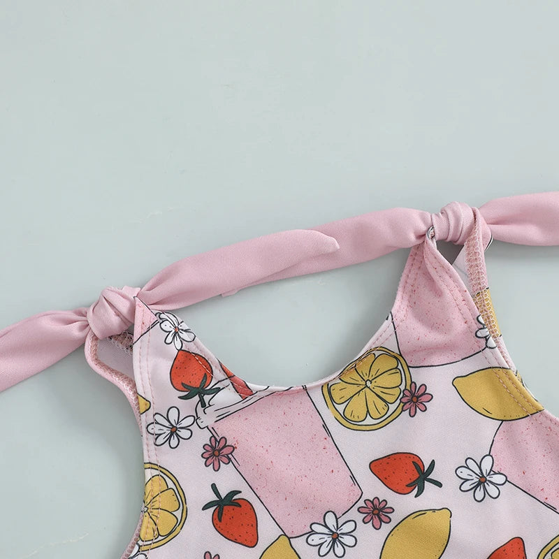 0-5Y Toddler Kids Girls Summer Swimsuits Cartoon Ice Cream Print Tie up Strap Ruffled Swimwear
