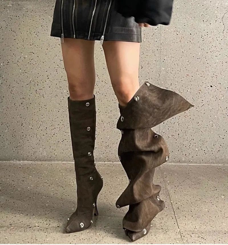 Women's Metal Button Spliced Denim High Heel Boots