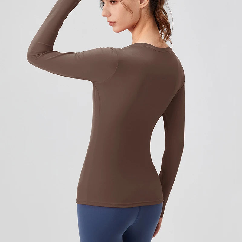 Women's Long Sleeve Yoga Shirt Solid Color Slim Fit Gym Running Top Breathable Quick Dry Workout Shirt Female Sportswear Fitness Top