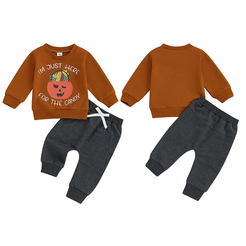 0-3Y Baby Boys Halloween Clothes Set - Pumpkin Letter Print Long Sleeve Sweatshirt Pocket Long Pants