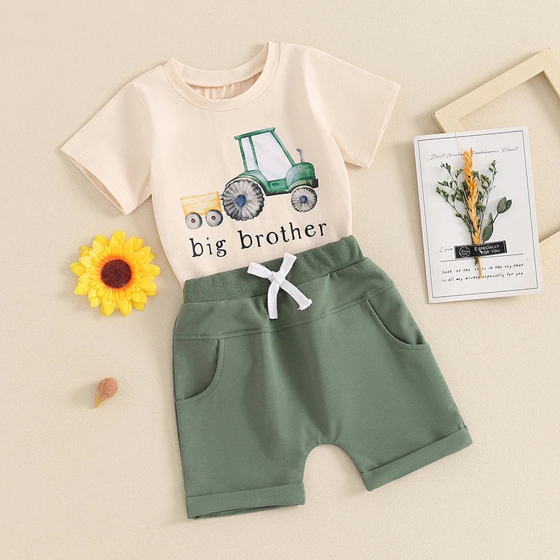 0-5Y Toddler Baby Boys Clothes Set 2pcs Short Sleeve Tractor Letter Print T-shirt with Elastic Waist Shorts Outfit