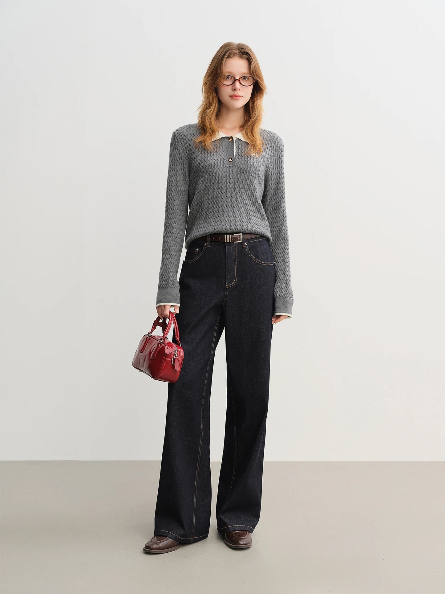 Ribbed Knit Polo Top - Relaxed Fit Collared Pullover