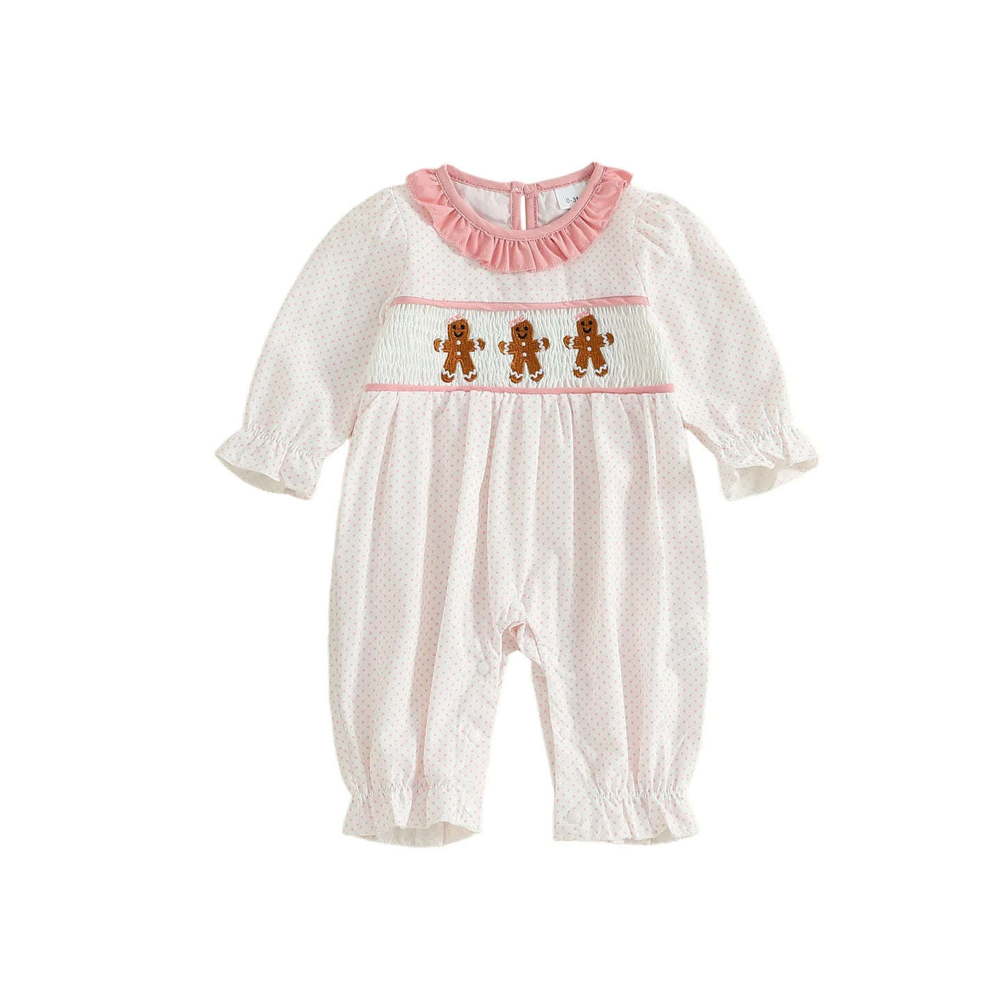 Baby Girls' Christmas Romper - Santa & Gingerbread Embroidery Smocked Long Sleeve Jumpsuit