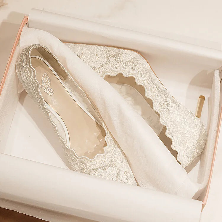 Embroidered Bridal Heels - Pointed Toe Wedding Pumps with 6.5cm Heel