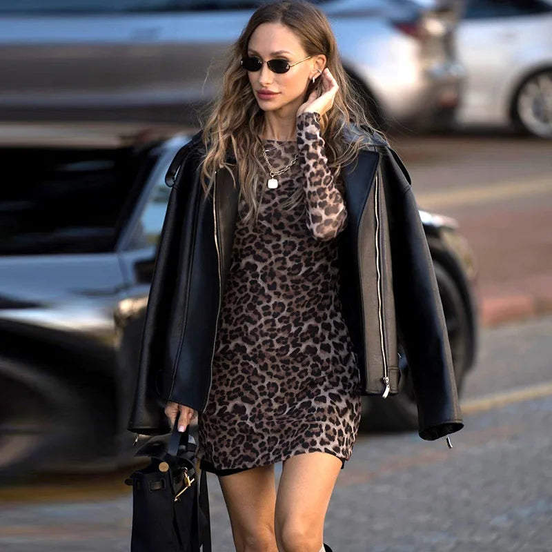 Women's Leopard Print Long Sleeve Mini Dress - Two Piece Sets Outfit Mesh Sheer Dress