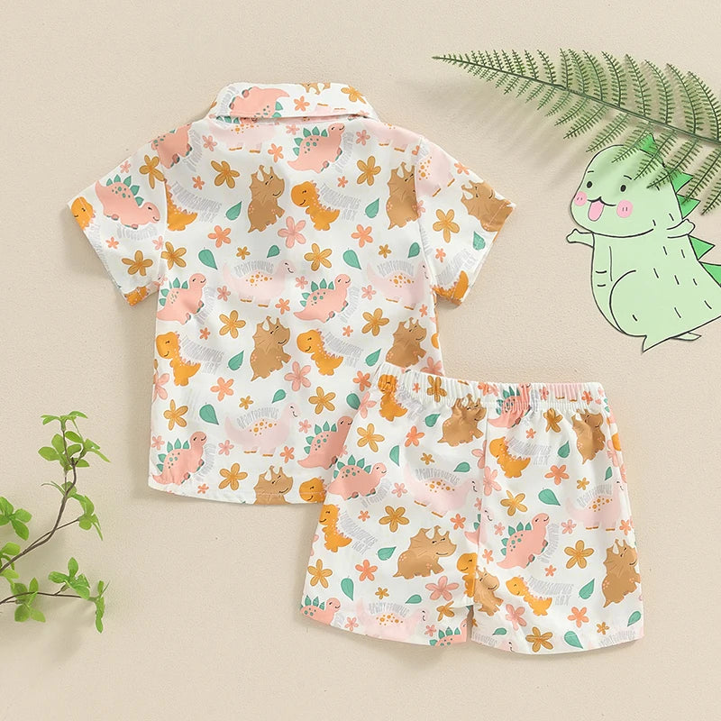 0-3Y Toddler Baby Boys Summer Clothes Sets 2pcs - Short Sleeve Dinosaur Print Button Up Top and Shorts Set