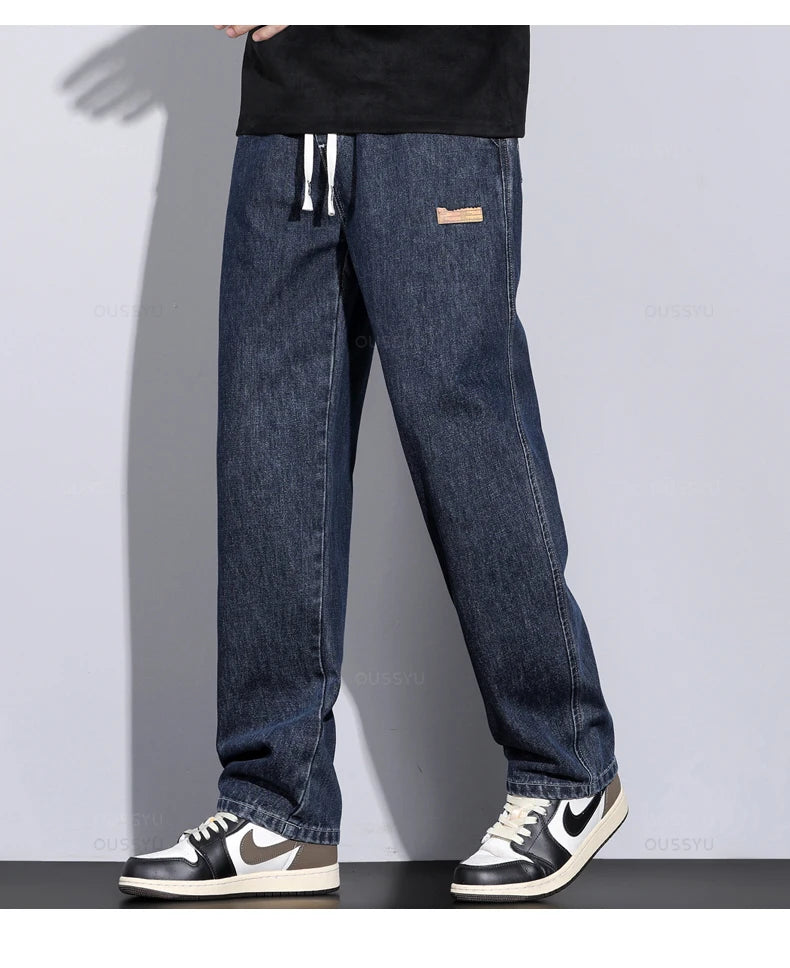 Men's Cotton Drawstring Elastic Waist Denim Jeans