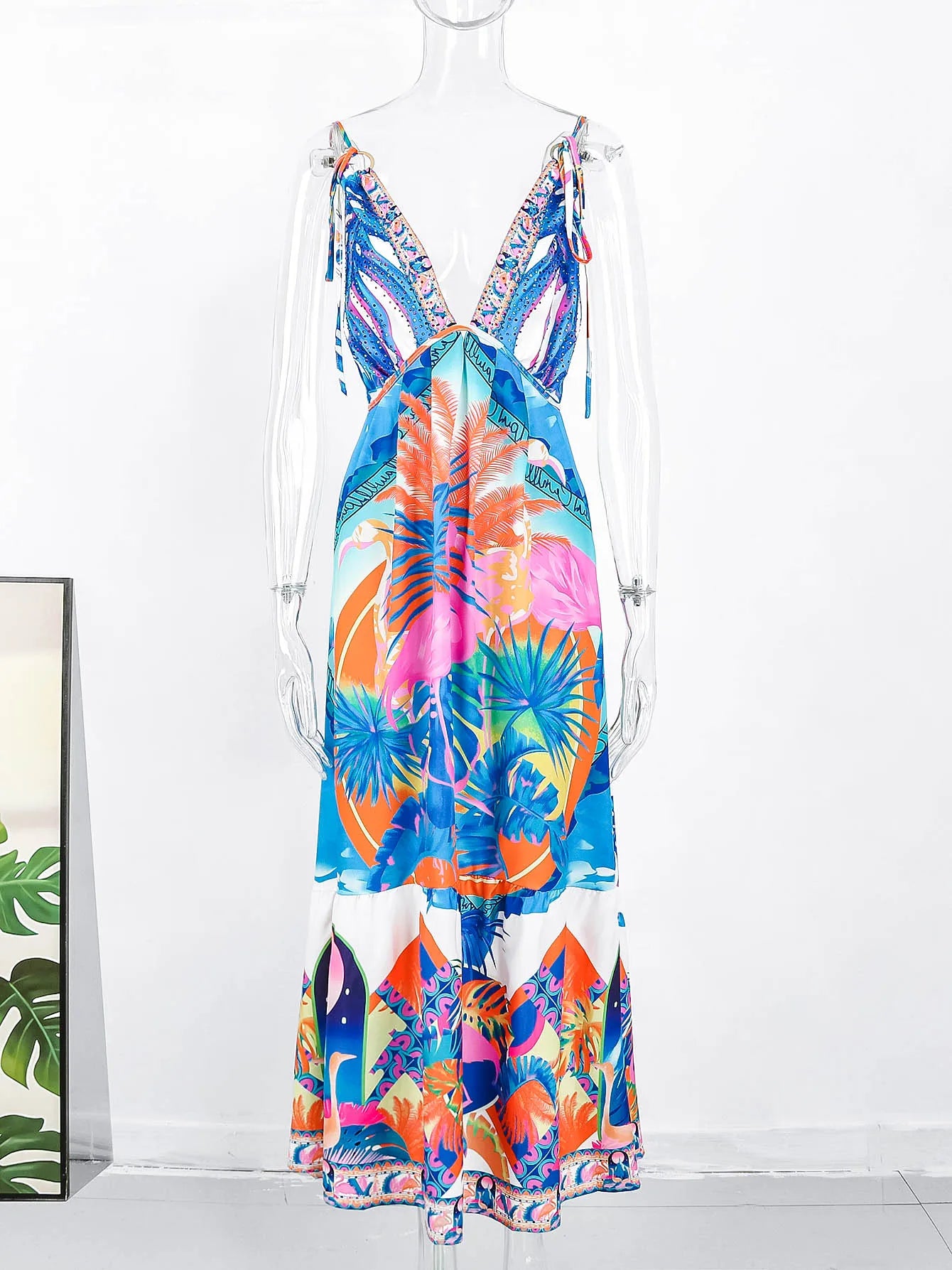 Women's Halter Printed Swimwear Loose Dress Backless Bikini Cover Up