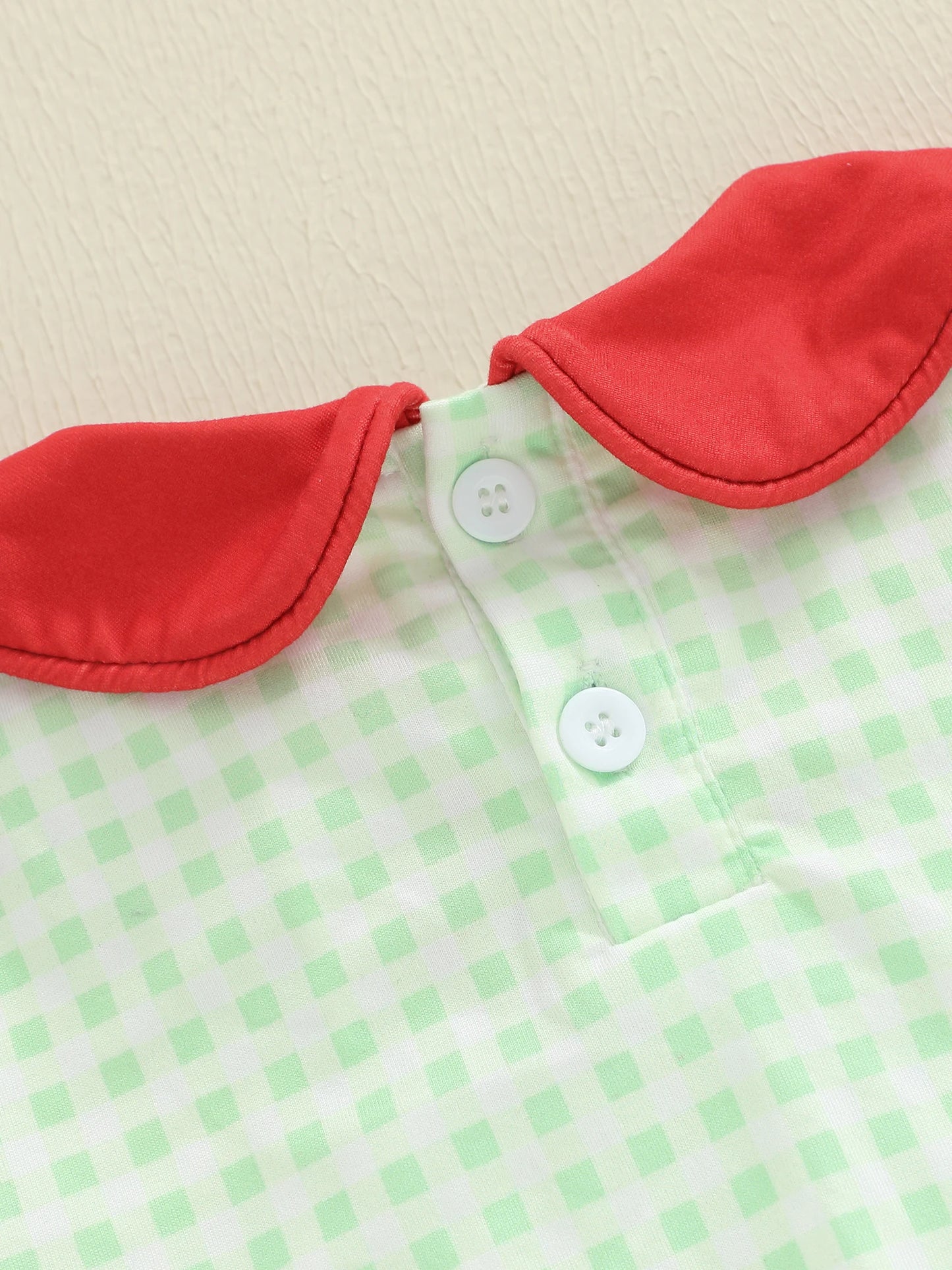 Baby Girls Plaid Romper - Wreath Embroidery Short Sleeve Doll Collar Bubble Jumpsuit