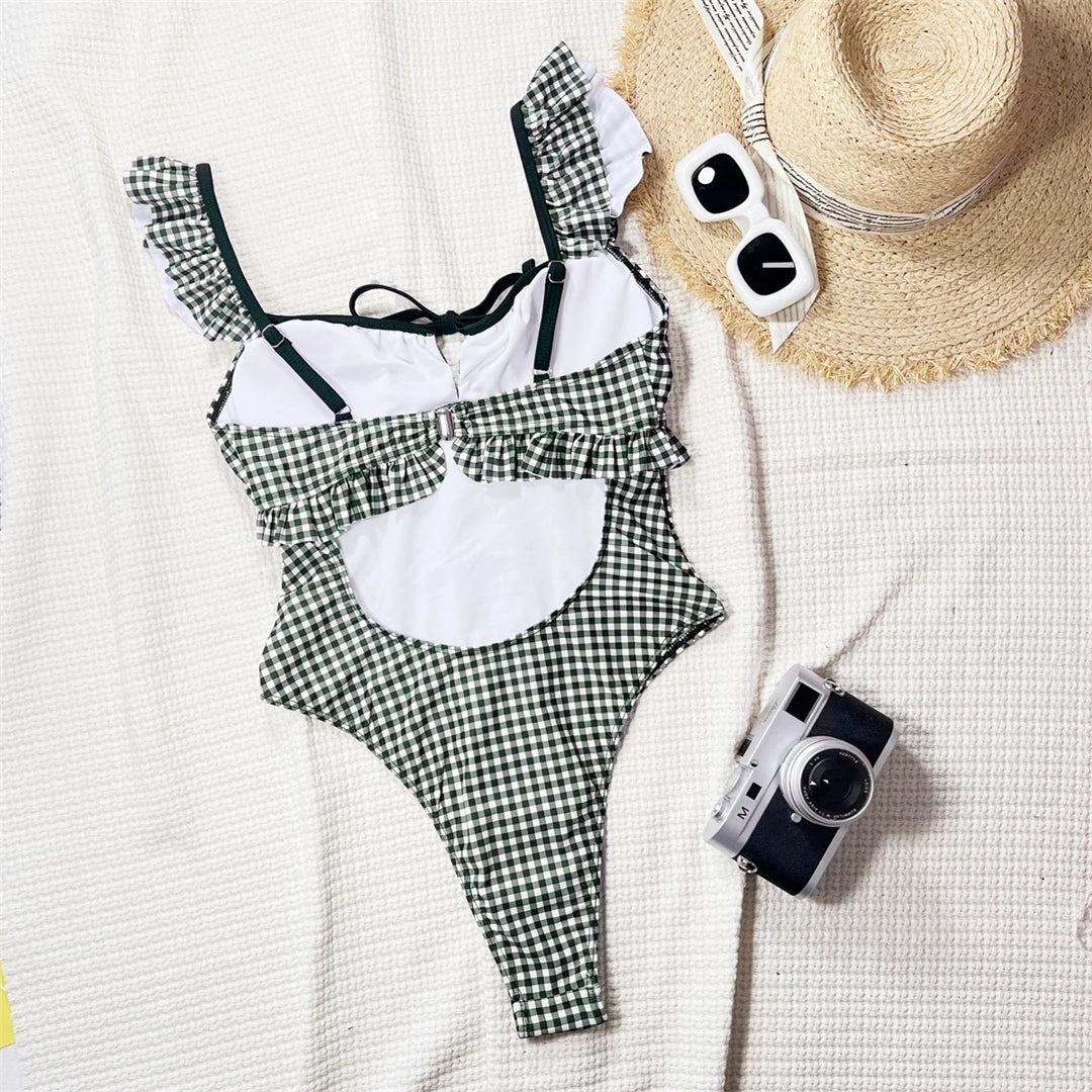 Plaid Bow Backless Monokini