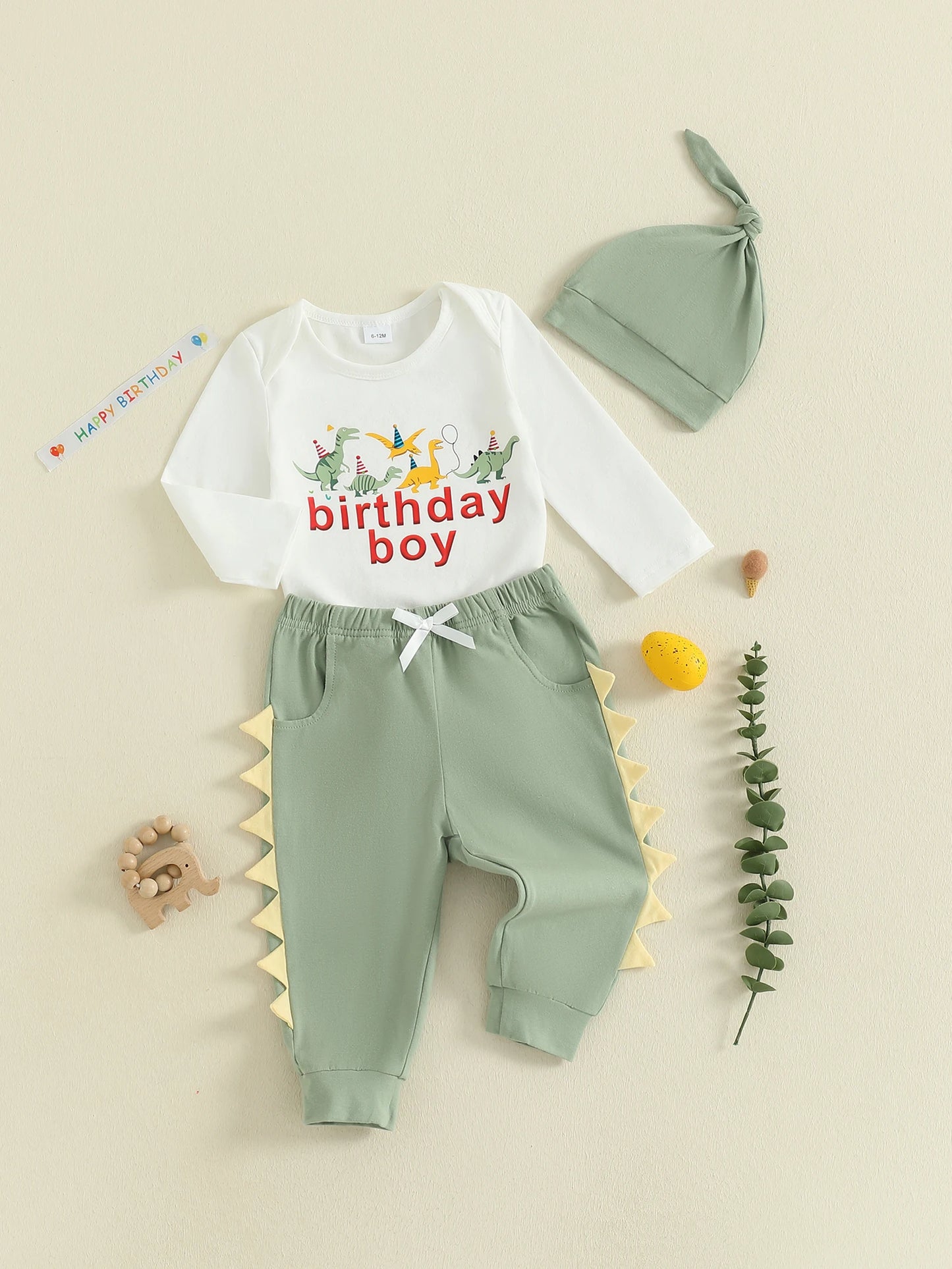 Baby Boys Dinosaur Outfit Set - 3-Piece Long Sleeve Romper, Pants & Hat (0-24M)