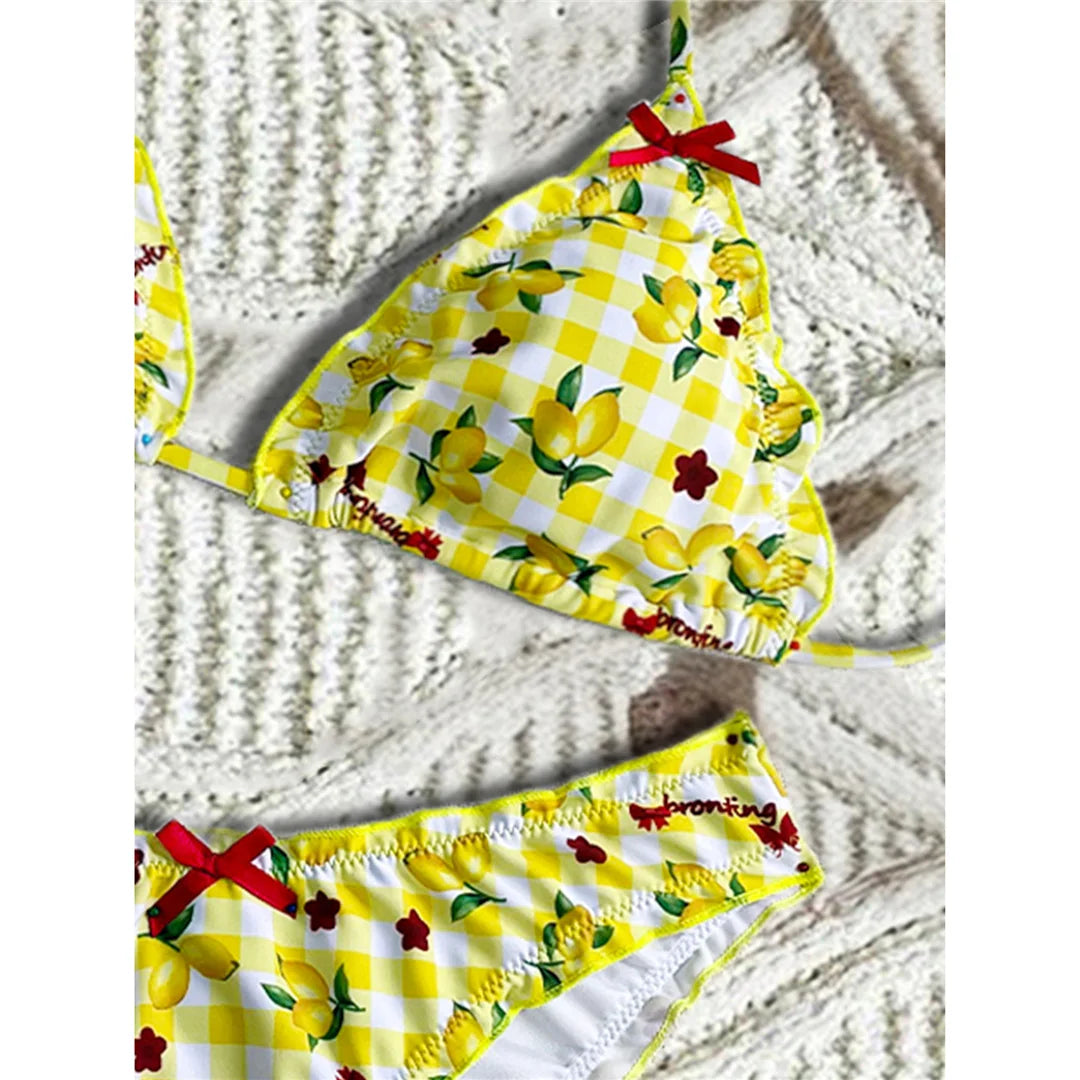 Lemon Print Halter Bikini Set