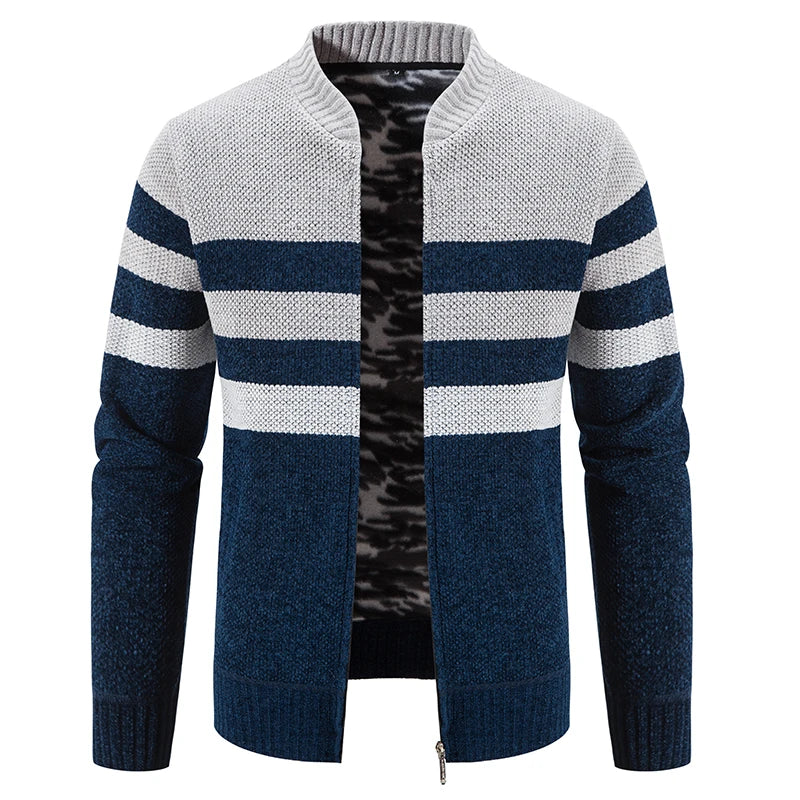 Men's Slim Fit Striped Cardigan - Stand Collar Knitted Sweater Coat