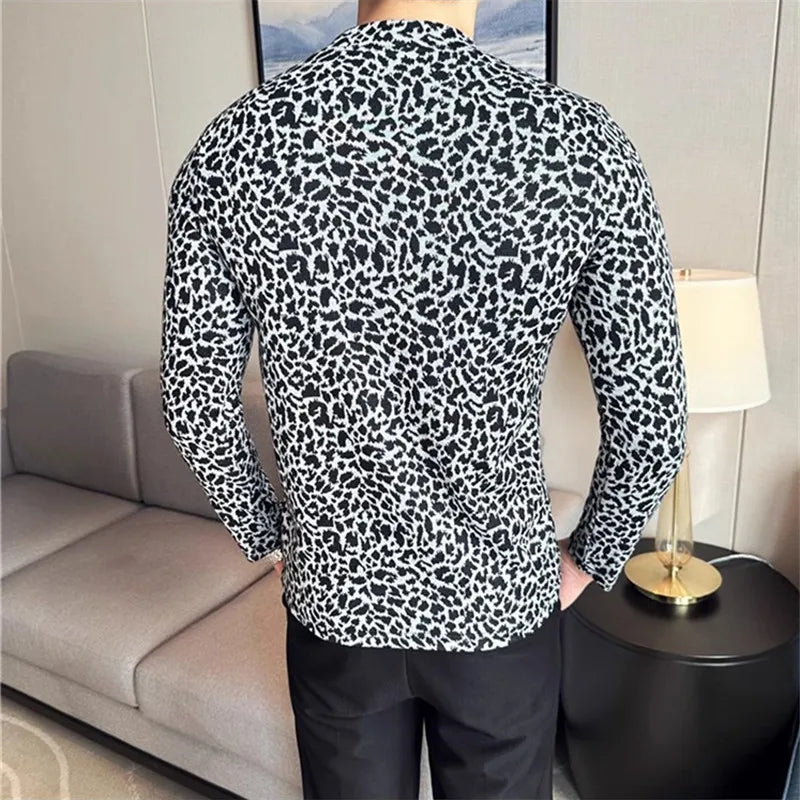 Men's Leopard Print Slim Fit Long Sleeve Mock Neck  Elastic T-shirt