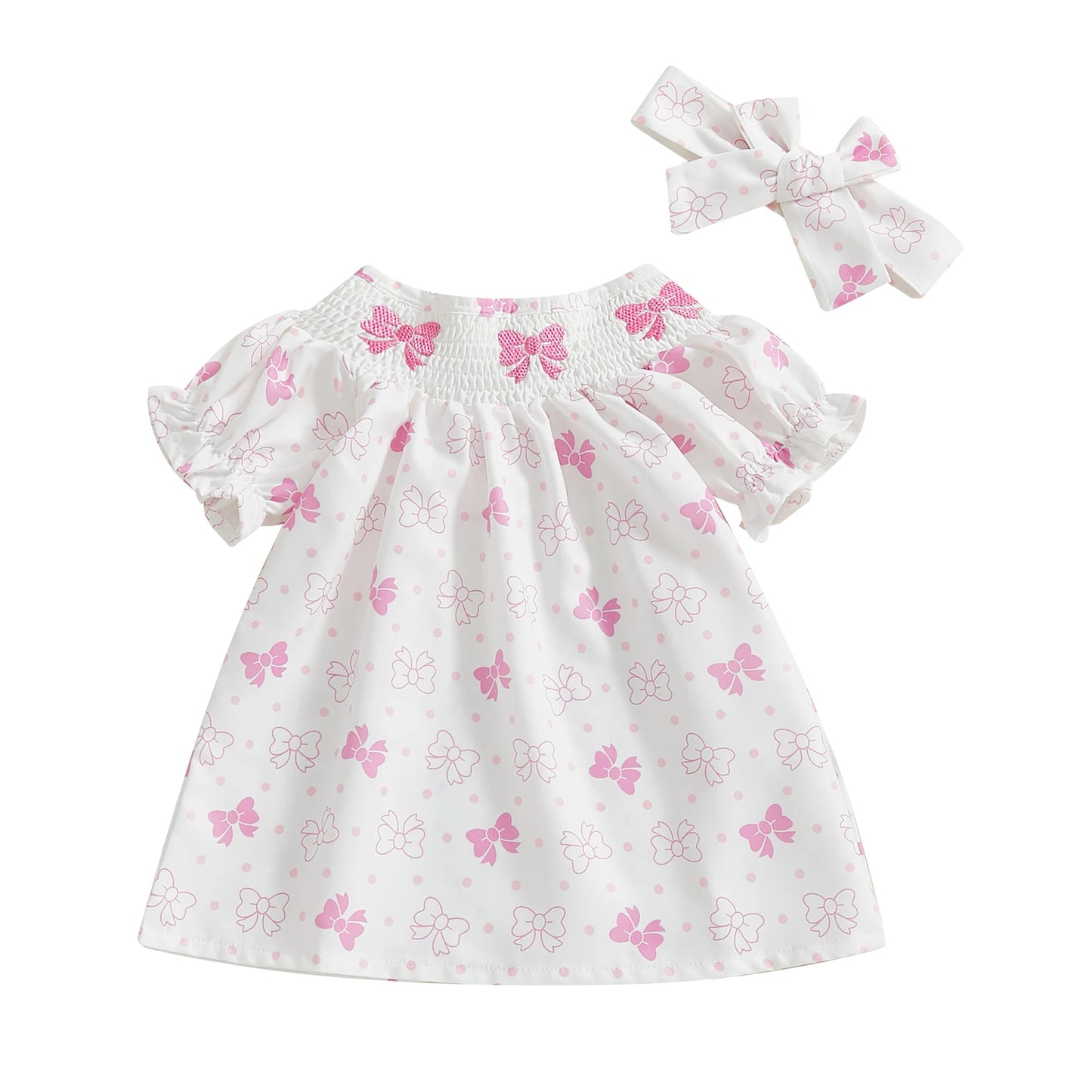 Baby Girls Summer Dress Set - Puff Sleeve Heart & Bow Embroidery with Headband