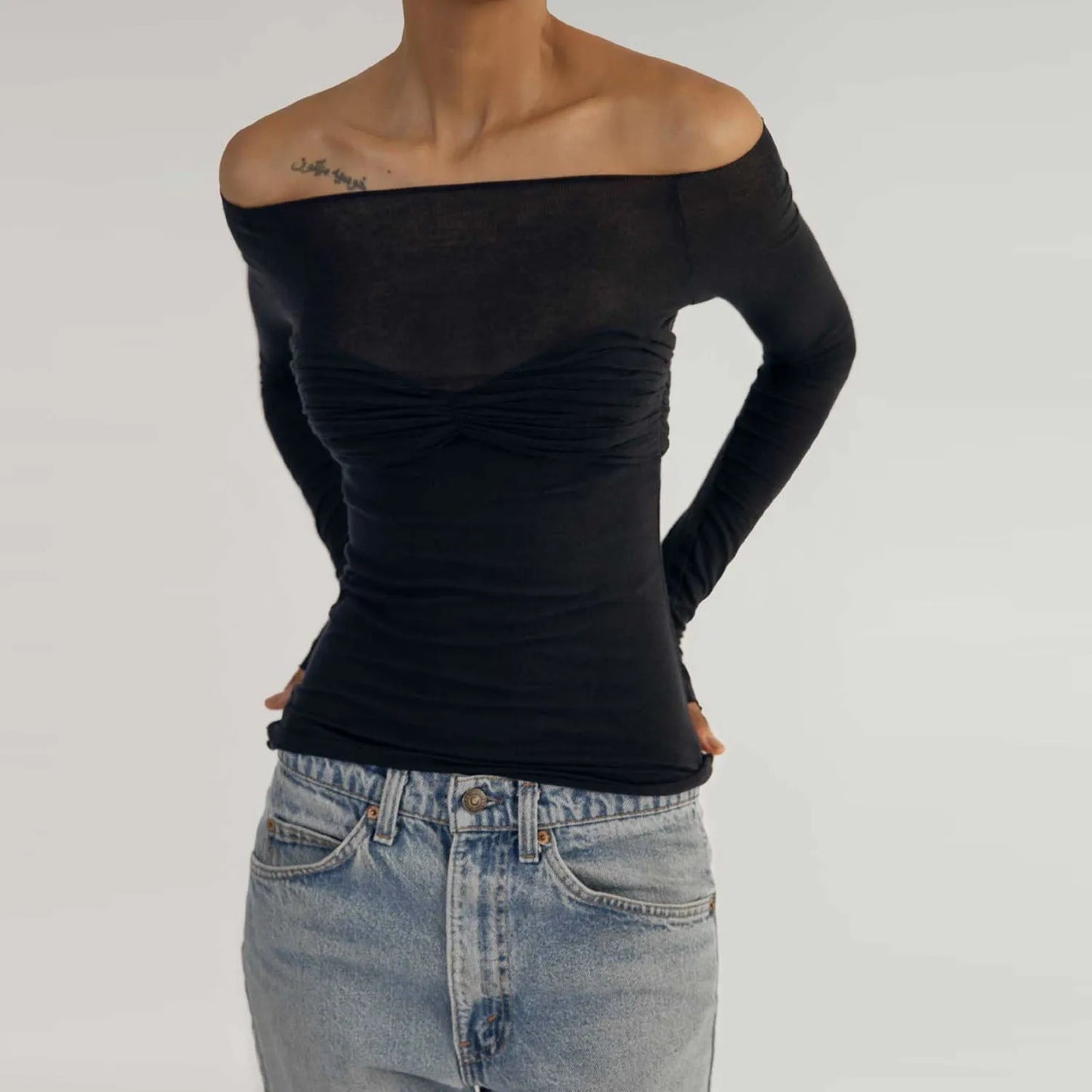 Women's Off Shoulder Ruched Knit Top -  Long Sleeve Top