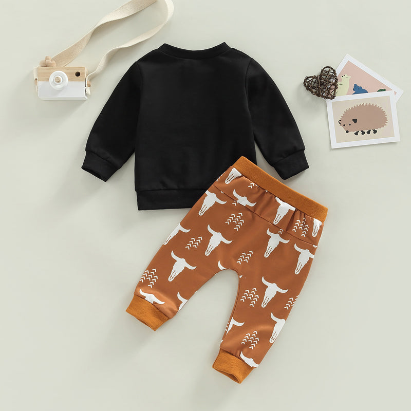 0-24M Baby Boys Clothes Set - 2pcs Letter Cattle Head Print Long Sleeve Sweatshirts Tops and Elastic Waist Long Pants Set