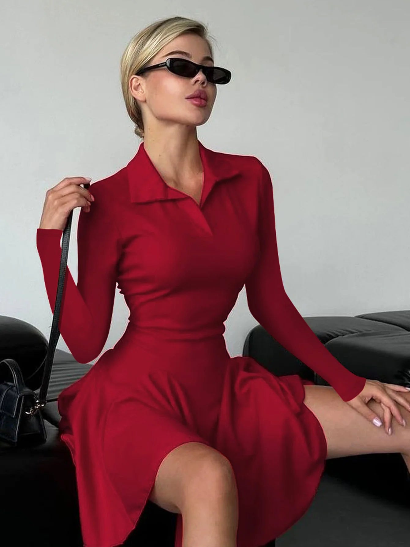 Women's Folds Mini Slinky Waist Shirt POLO Collar Splice Long Sleeve Dress