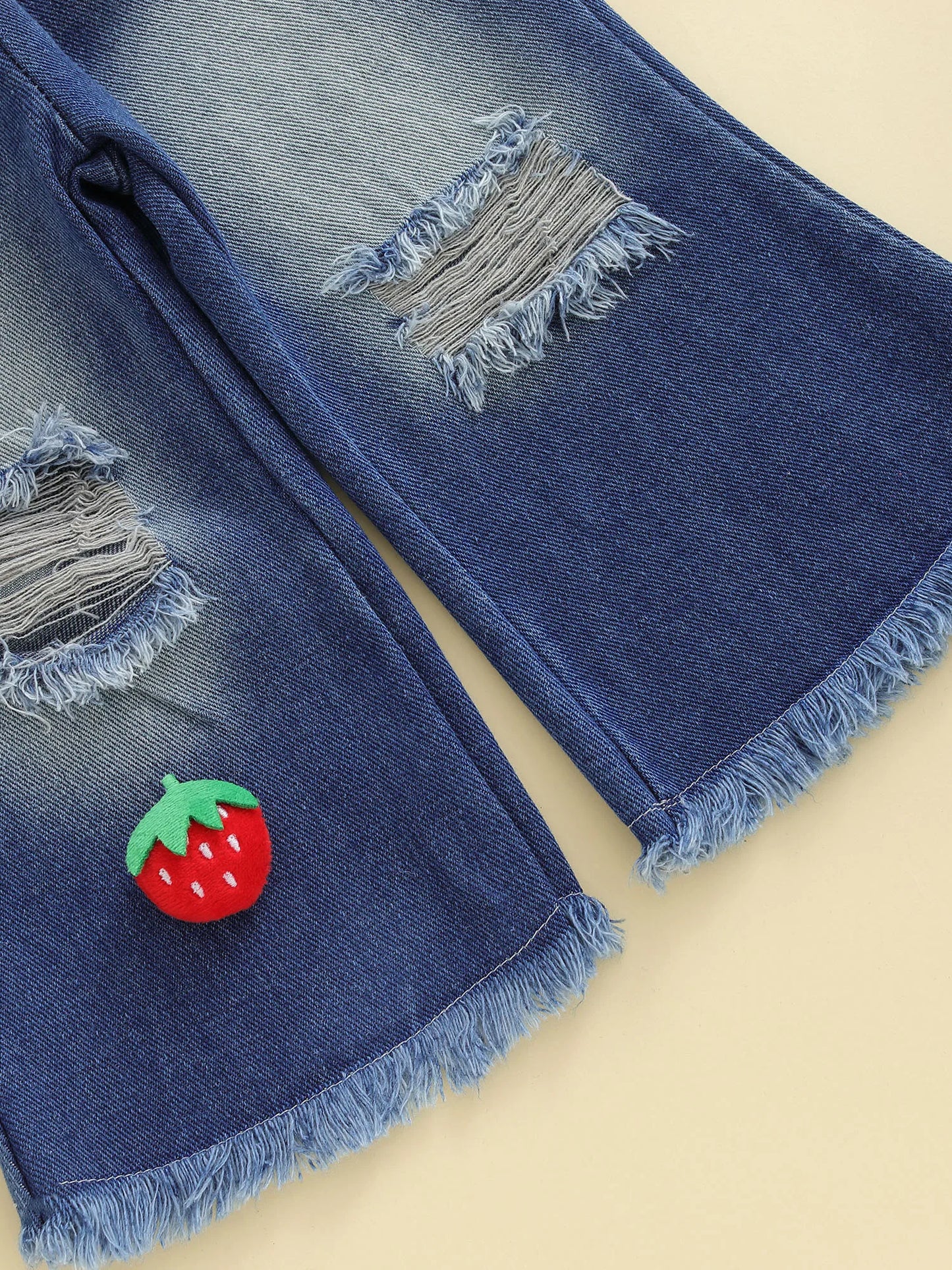 Kids Girls Fall Winter Clothes Set - 3D Strawberry Long Sleeve Pullover Top & Ripped Denim Flare Pants