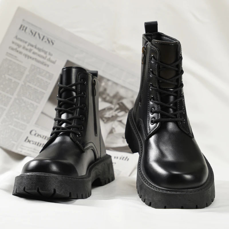 Men's Leather Platform Boots - Thick Sole Motorcycle Sneaker Boots
