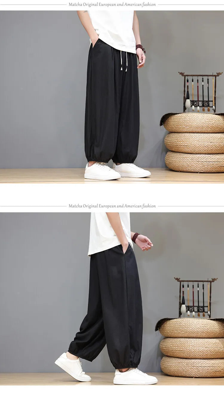 Men's Summer Wide Leg Pants Casual  Breathable Loose Ankle Length  Harem Trousers