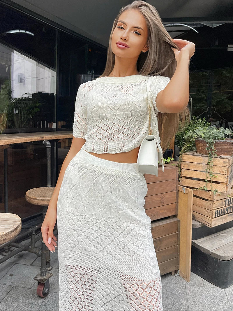 Women's Summer Hollow White Floral Knitted Two Piece Set