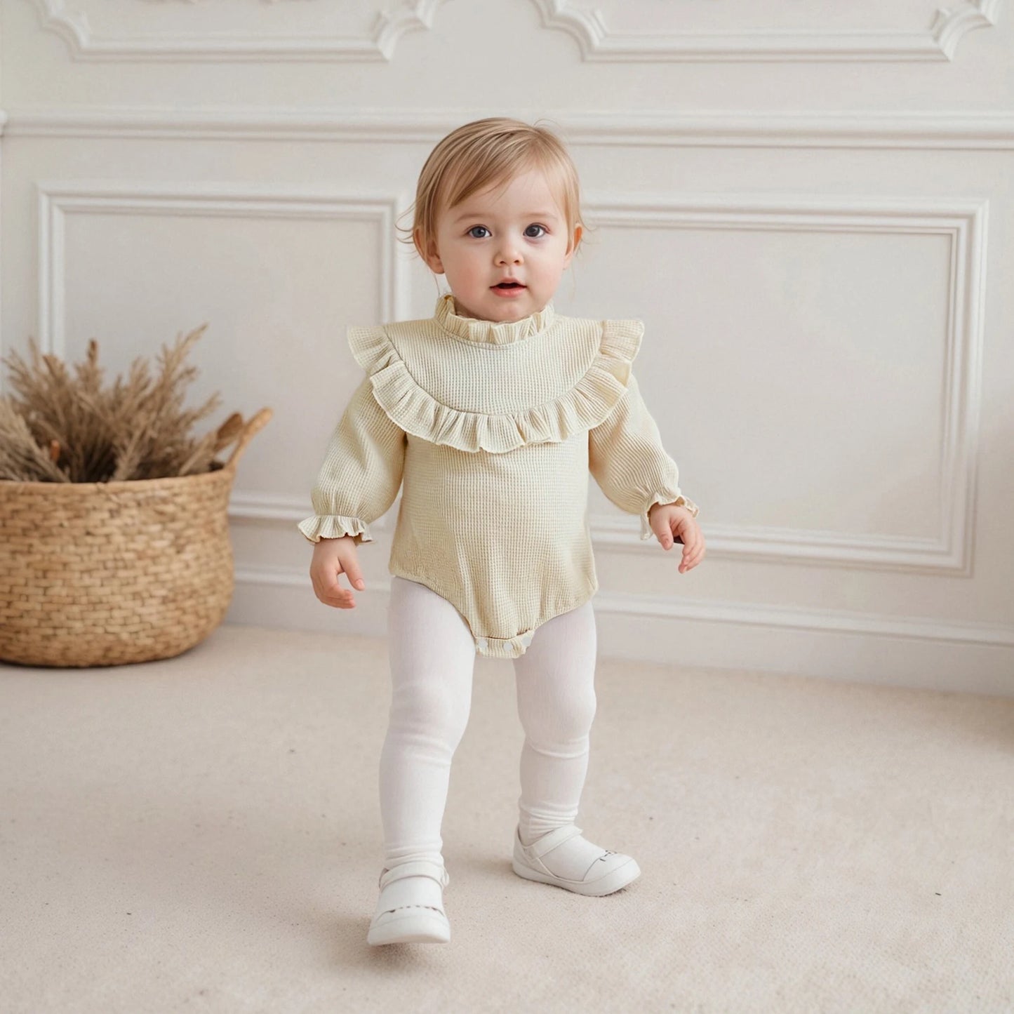 Newborn Baby Girls Waffle Romper - Long Sleeve Mock Neck Ruffled Jumpsuit