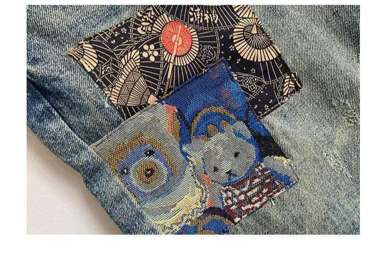 Men's Summer American Casual Embroidery Patch Vintage Denim Shorts