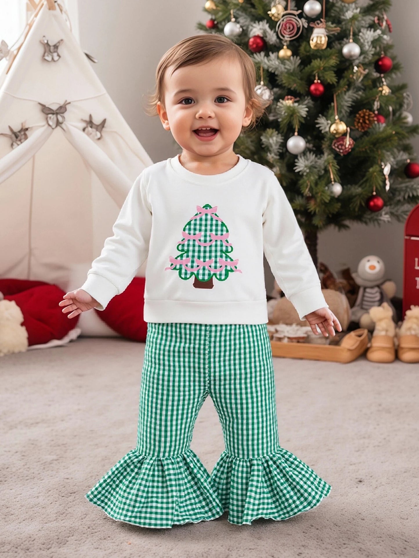 Baby Girls Christmas Tree Embroidered Sweatshirt & Plaid Bell Bottoms Set (0-4Y)