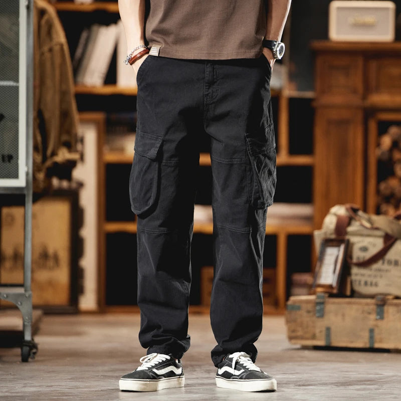 Men's Cargo Multi Pockets  Vintage Full Length 97% Cotton 3% Spandex Trousers