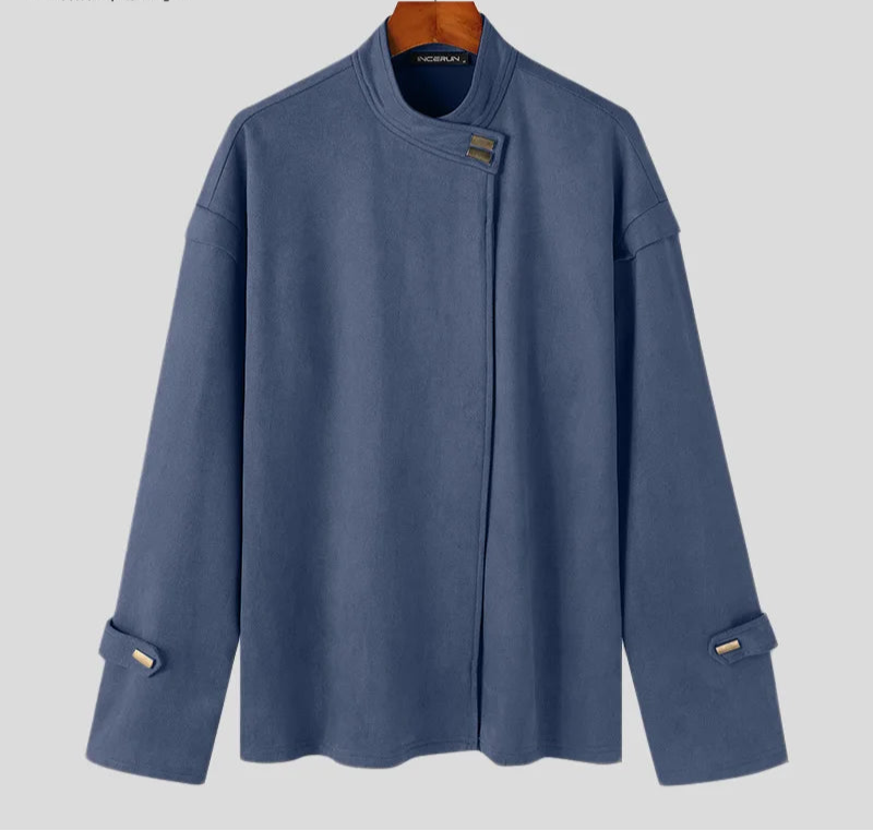 Men's Solid Simple Metal Buckle Design Jacket Coat Long Sleeved Jacket