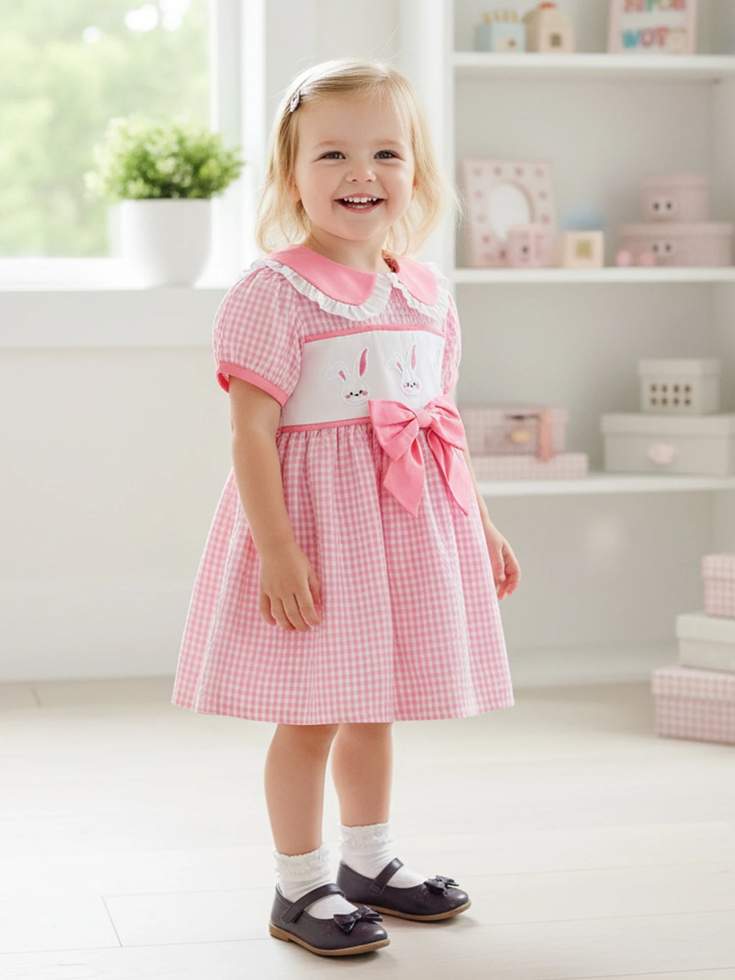 Toddler Girls Plaid Dress - Doll Collar with Rabbit Embroidery (1-4Y)