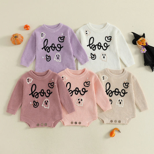 Newborn Baby Halloween Sweater Romper - Ghost Letter Embroidered Long Sleeve Jumpsuit