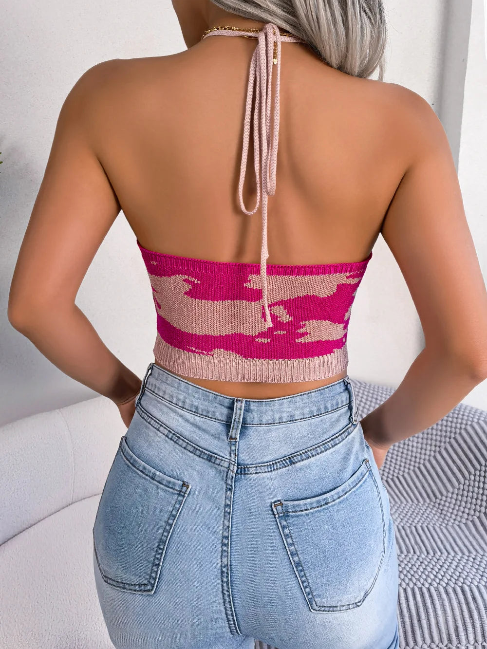 Women's Spring Summer  Halter Cow Pattern Waist Strap Open Navel Knit Tank Top