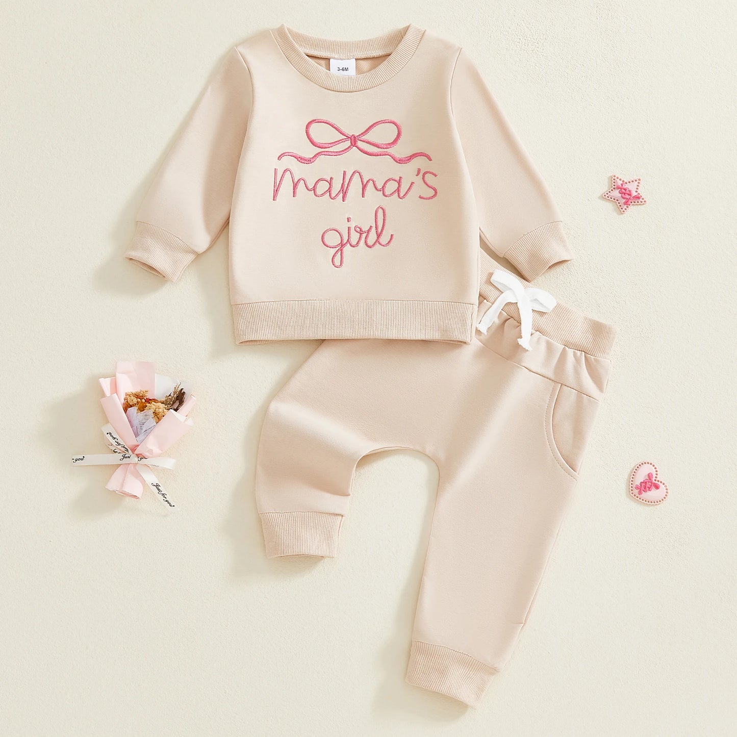 Toddler Baby Girls Outfit Set - Bow Letter Embroidered Sweatshirt & Pants 0-3Y