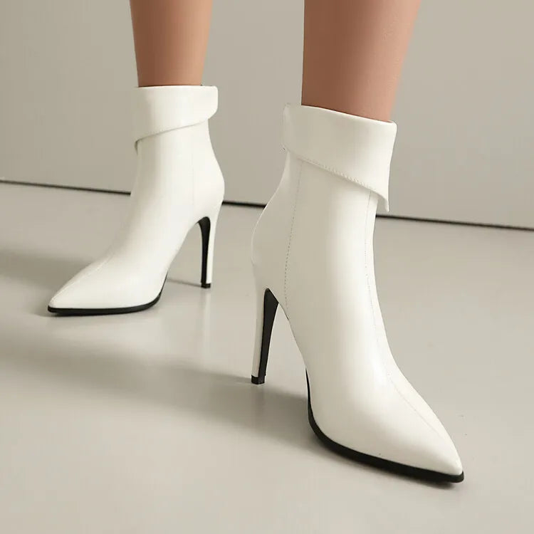 Women's Irregular Design Leather 10cm High-heeled Pointed Back Zipper Short Plush Ankle Boots