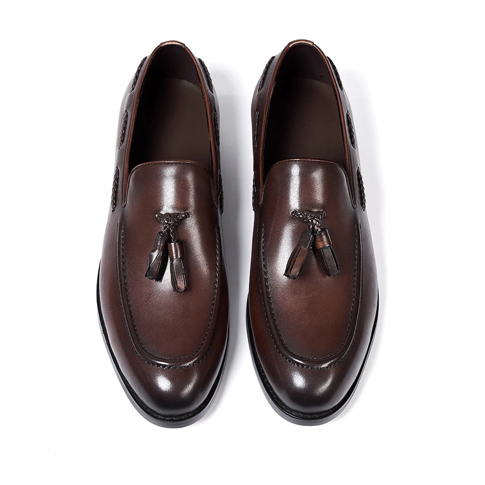 Classic Men's Tassel Loafers Genuine Leather Handmade Slip on Comfortable Office Wedding Shoes