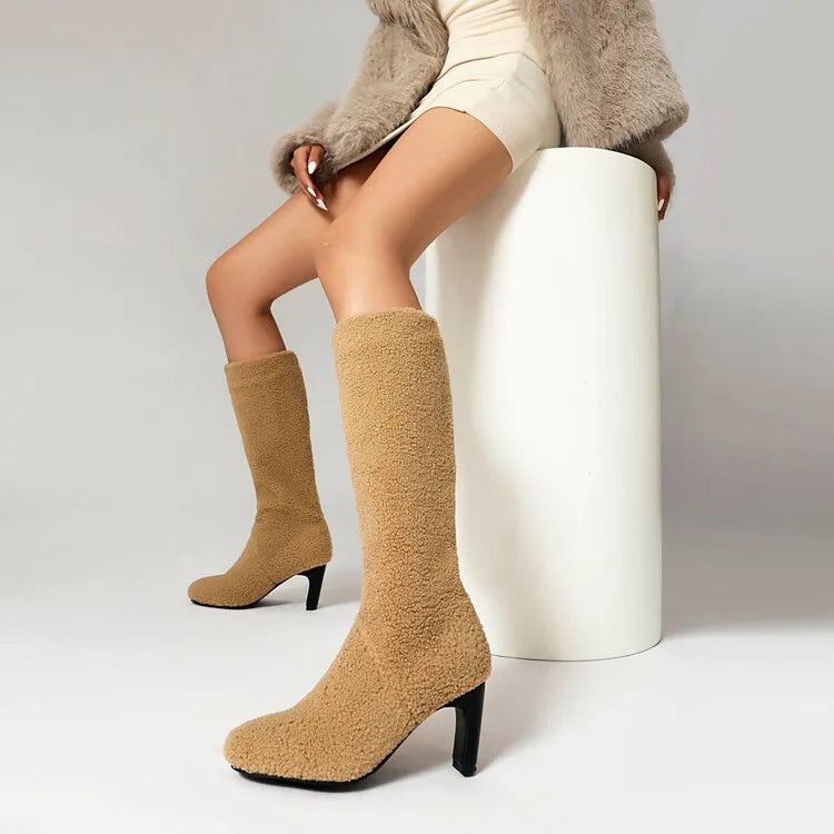 Faux Fur Lined Knee High Boots - 7cm Square Heel Winter Boots