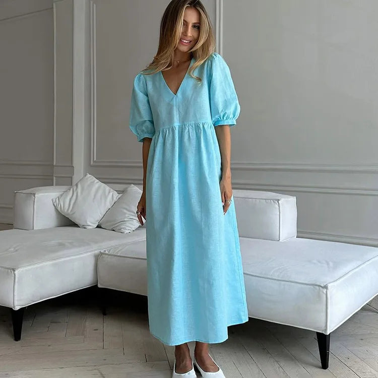 Women's  V-Neck Puff Sleeve Blue Dress- High Waisted Long  Dress