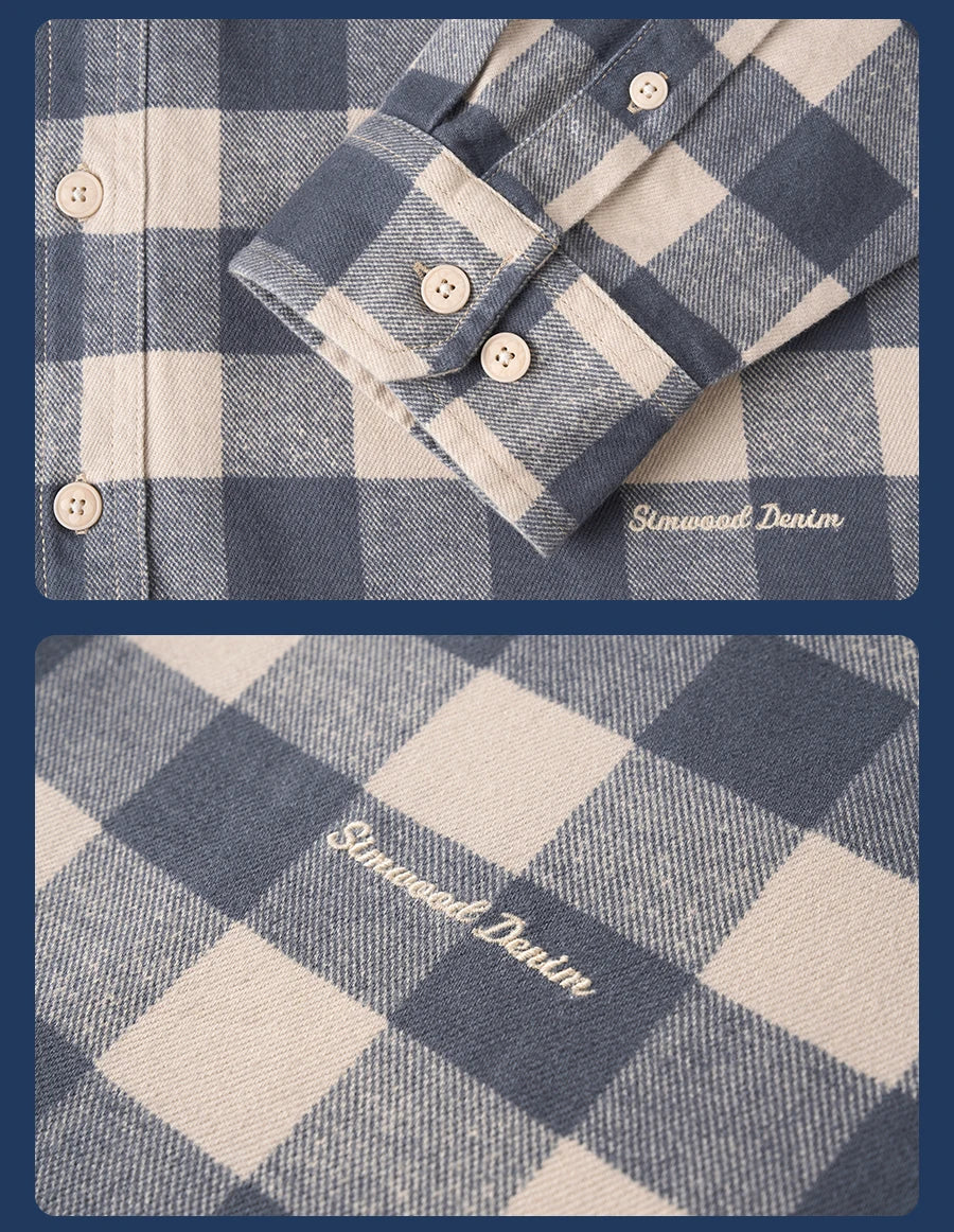 Men's Loose Plaid 8oz Washed Vintage Fabric Casual Check Shirt