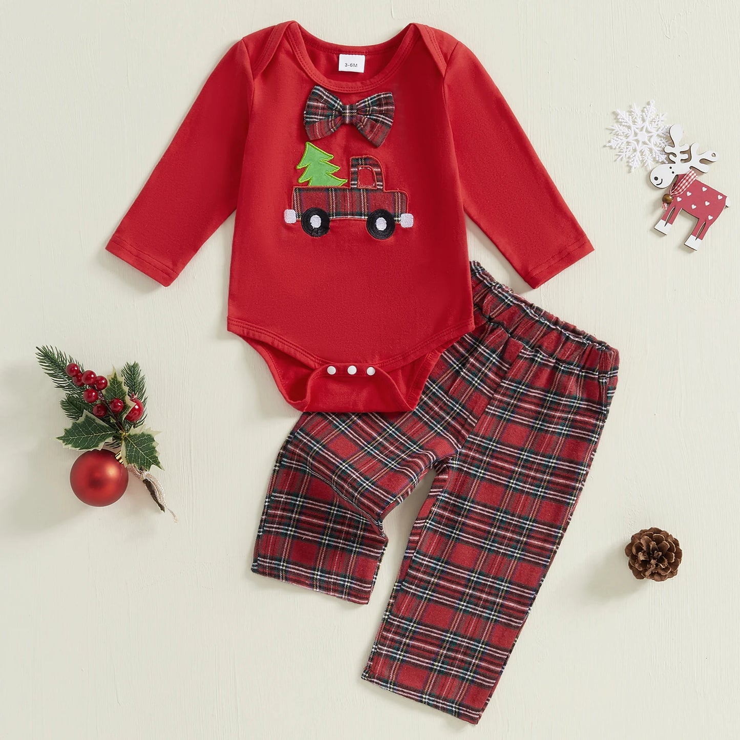 2pcs Baby Boys Christmas Clothes Sets 0-18M = Xmas Tree/Truck Print Bowknot Long Sleeve Romper and Plaid Pants