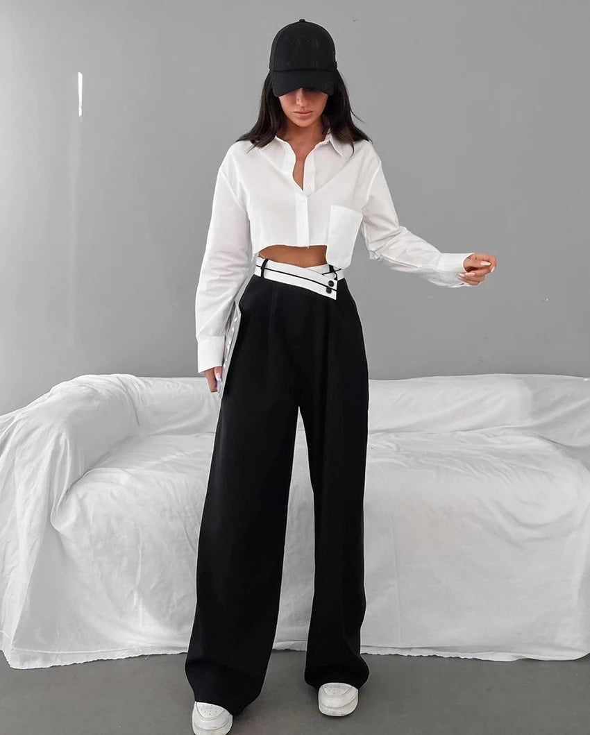 Women's 18 Patchwork Wide Leg Contrast High Waist Baggy Trousers