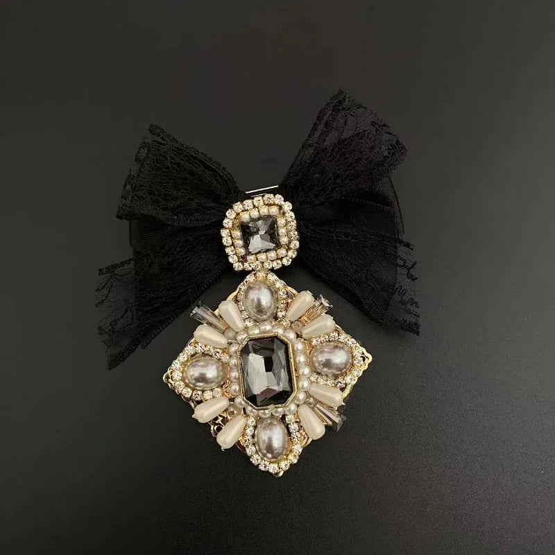 Women's Rhinestone Pearl Bow Brooches Fabric Flower Badge High-end Fixed Lapel Pins