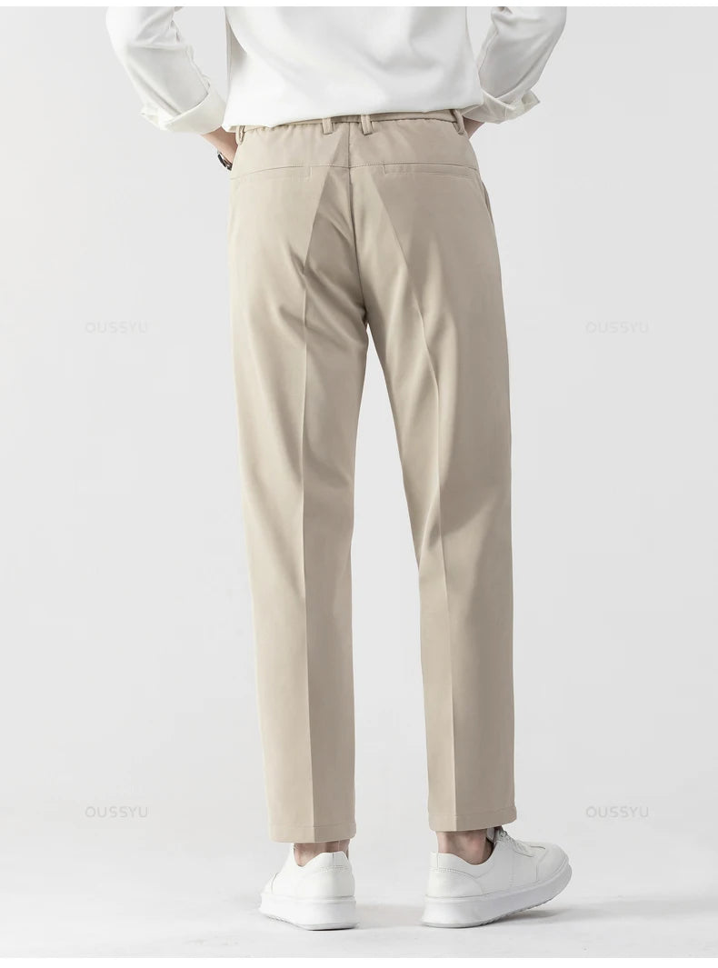 Men's Ankle-Length Straight Leg Trousers | Elastic Waist | Sash Detail | Midweight | All Season | Smart Casual