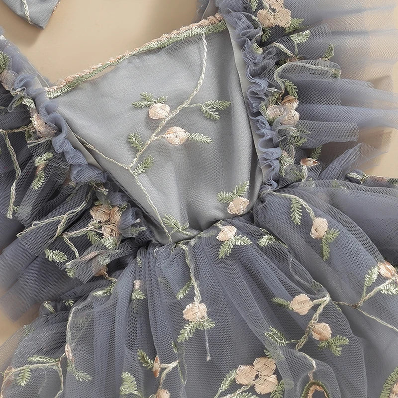 Baby Girls Summer Romper Dress with Headband - Floral Embroidery Tulle Jumpsuit