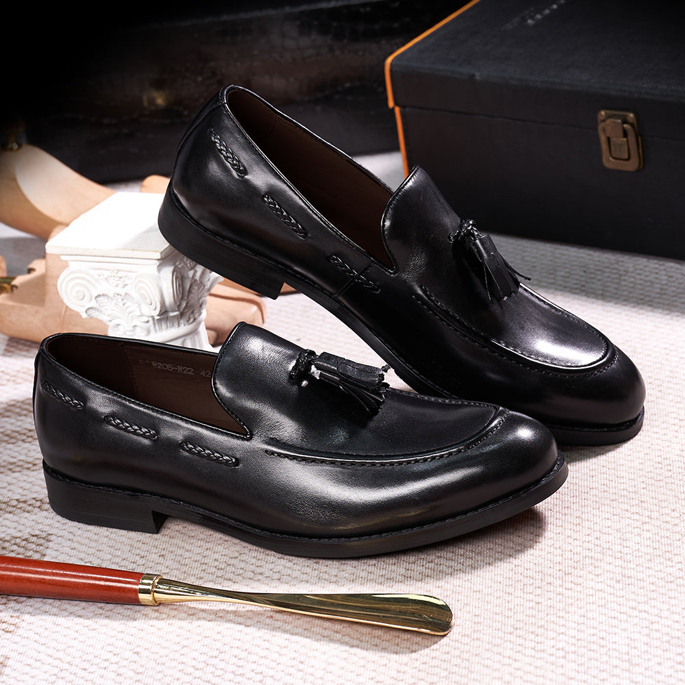Classic Men's Tassel Loafers Genuine Leather Handmade Slip on Comfortable Office Wedding Shoes
